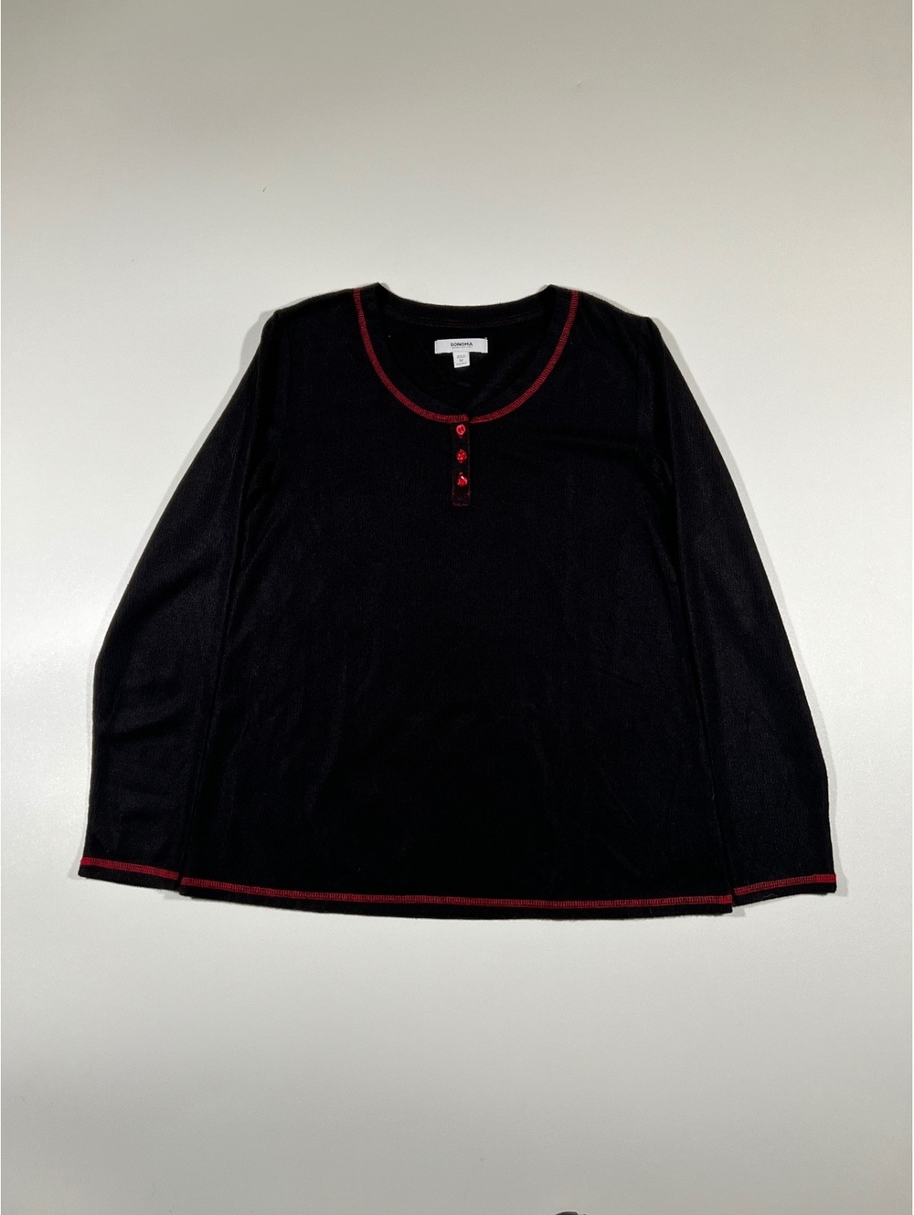 Sonoma Black Long Sleeve Henley Top Red Trim Ribbed Womens Size M